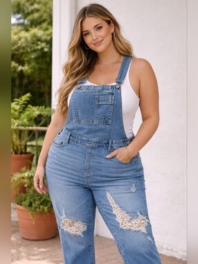 Arizona Jean Co Juniors Plus 2XL Distressed Denim Overalls With Lace